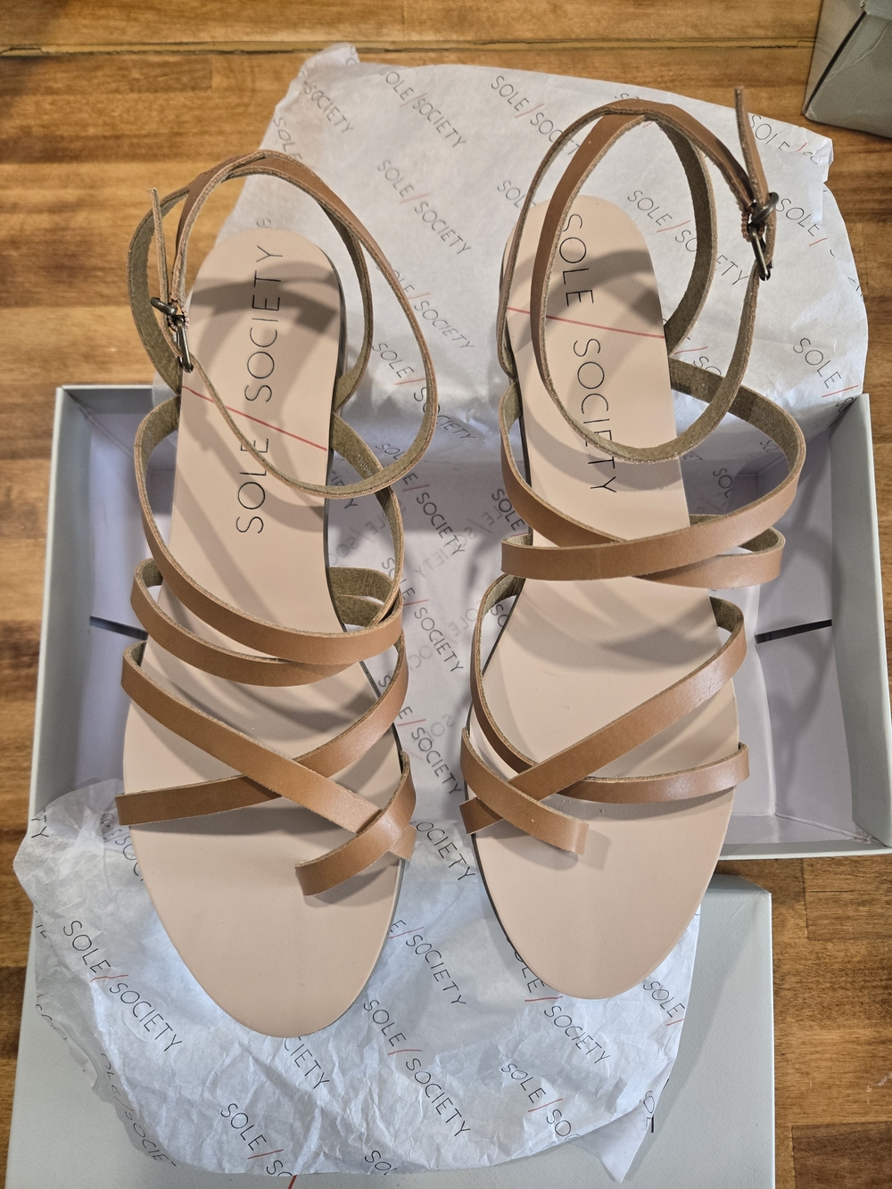 Sole Society Tan Strappy Ankle-Wrap Sandals